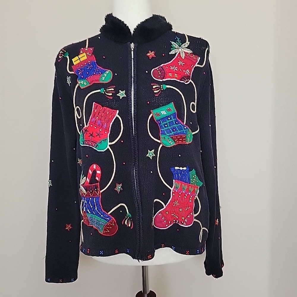 Vtg Designers Studio Originals Ugly Christmas Sweater Sz M Zip-Up Stocking READ